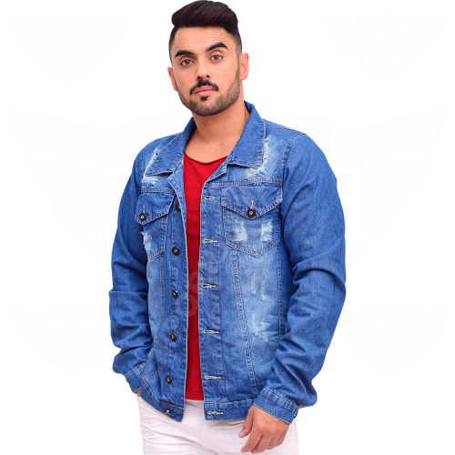 jaqueta jeans masculina rasgado destroyed slim azul