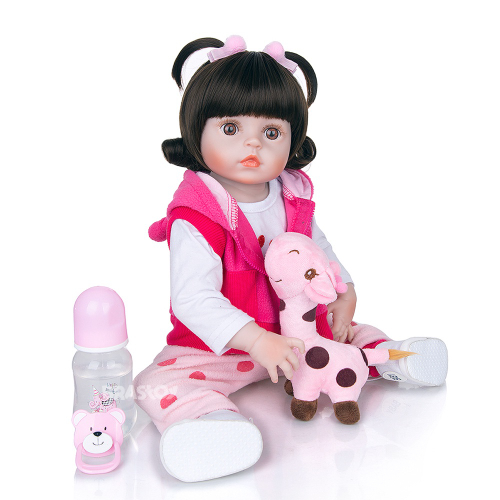 Boneca bebe reborn girafinha menina silicone 48 cm olhos castanhos