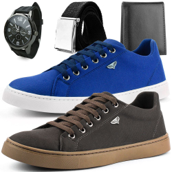 Kit 2 Pares de Sapatênis Touro Boots Masculino + Relógio + Cinto e Carteira Menor preço em Kit 2 Pares de Sapatênis Touro Boots Masculino + Relógio + Cinto e Carteira