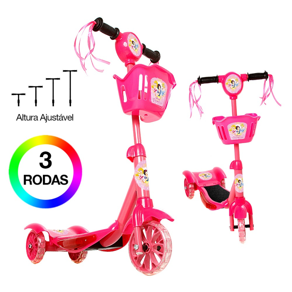 Patinete Rosa Com Cesta Infantil Luz e Som Princesas 3 Rodas - Pop  Brinquedos - Patinete Infantil 3 Rodas - Magazine Luiza