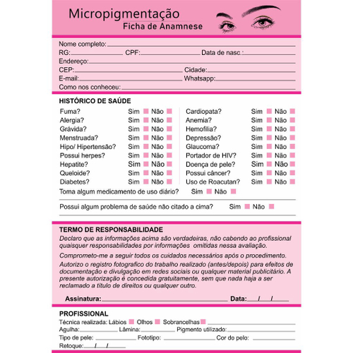 Ficha de Anamnese Micropigmentação - 50 folhas - Acessórios e Ferramentas -  Micropigmentação