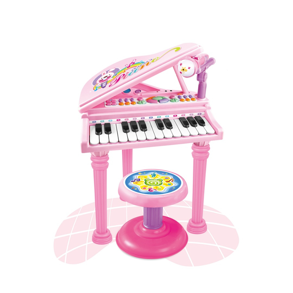 Piano Infantil Musical Microfone E Banquinho Função Gravação Cor Rosa Pilha