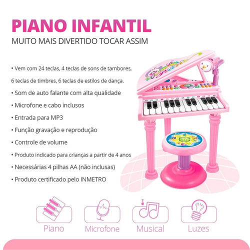 Piano Infantil Musical Microfone E Banquinho Função Gravação Cor