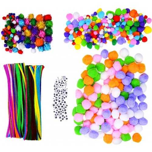 ZHAOER 200 Pieces Chenille Stems 100 Pieces Glitter Pompoms and 150 Pieces Wiggle Googly Eyes for DIY Arts Crafts 250 Pieces 6 Sizes Assorted Pom Poms