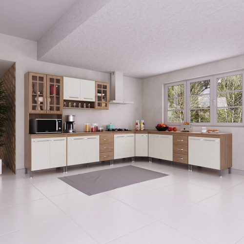 Cozinha completa fidelita paris modulada 7 peças 600 cm 16 portas 6 gavetas com tampo nogal salinas nogal