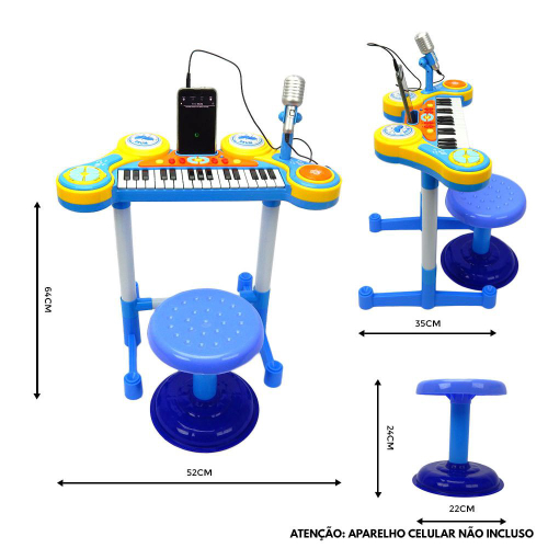 Teclado Som E Luz Piano Infantil Com Microfone E Banquinho