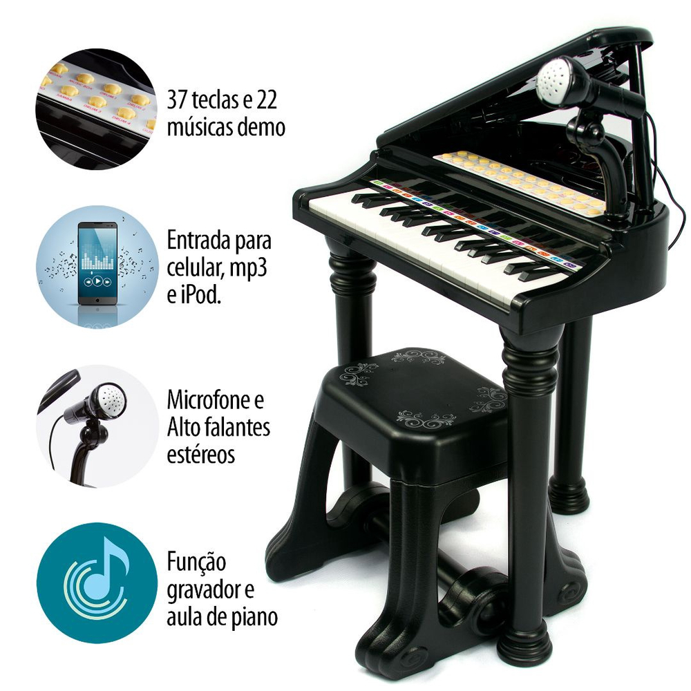 Teclado musical infantil com banco, microfone e 24 músicas pré-gravadas, TECLADOS