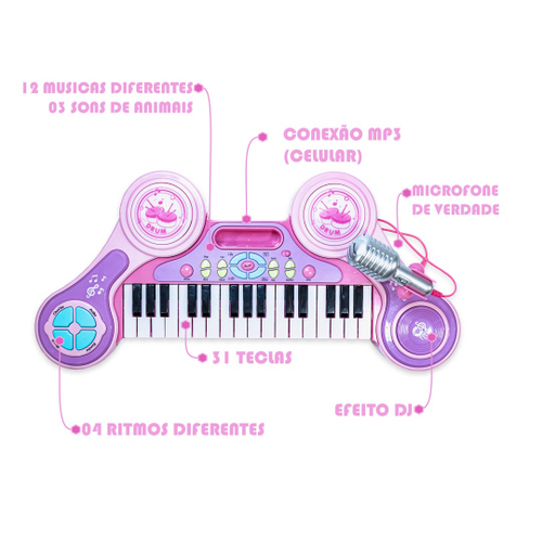 Teclado Piano Musical Infantil Com Microfone Banquinho luzes e Som