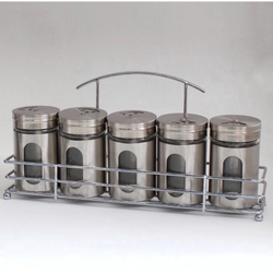 Porta Tempero Condimento Aço Inox e Vidro 5 Potes + Suporte Menor preço em Porta Tempero Condimento Aço Inox e Vidro 5 Potes + Suporte
