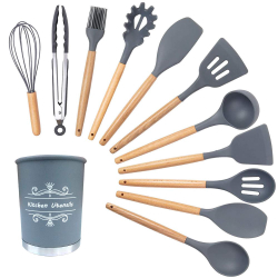Menor preço em Kit 12 Peças Utensílios Silicone Cinza Concha Colher Madeira