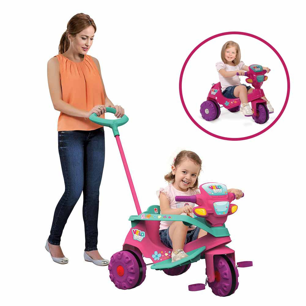 Triciclo Infantil Bandeirante - Velobaby - Passeio e Pedal - Rosa