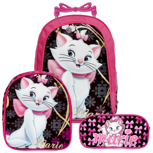 Kit Mochila Infantil Escolar Com Rodinhas Gata Marie