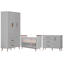 Quarto Infantil Retrô Completo Gabi - Roupeiro, Cômoda e Berço Mini-Cama Cinza Menor preço em Quarto Infantil Retrô Completo Gabi - Roupeiro, Cômoda e Berço Mini-Cama Cinza