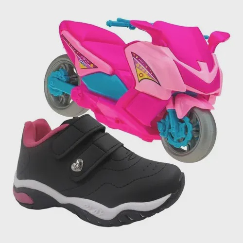 Tênis Infantil Kidy Play + Moto Feminino - Preto+Pink