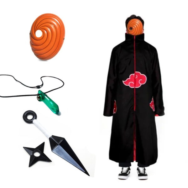 Manto Akatsuki Com Máscara Tobi + 2 Colares E Anel