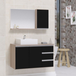 Conjunto gabinete banheiro completo prisma 80CM madeirado/preto Menor preço em Conjunto gabinete banheiro completo prisma 80CM madeirado/preto