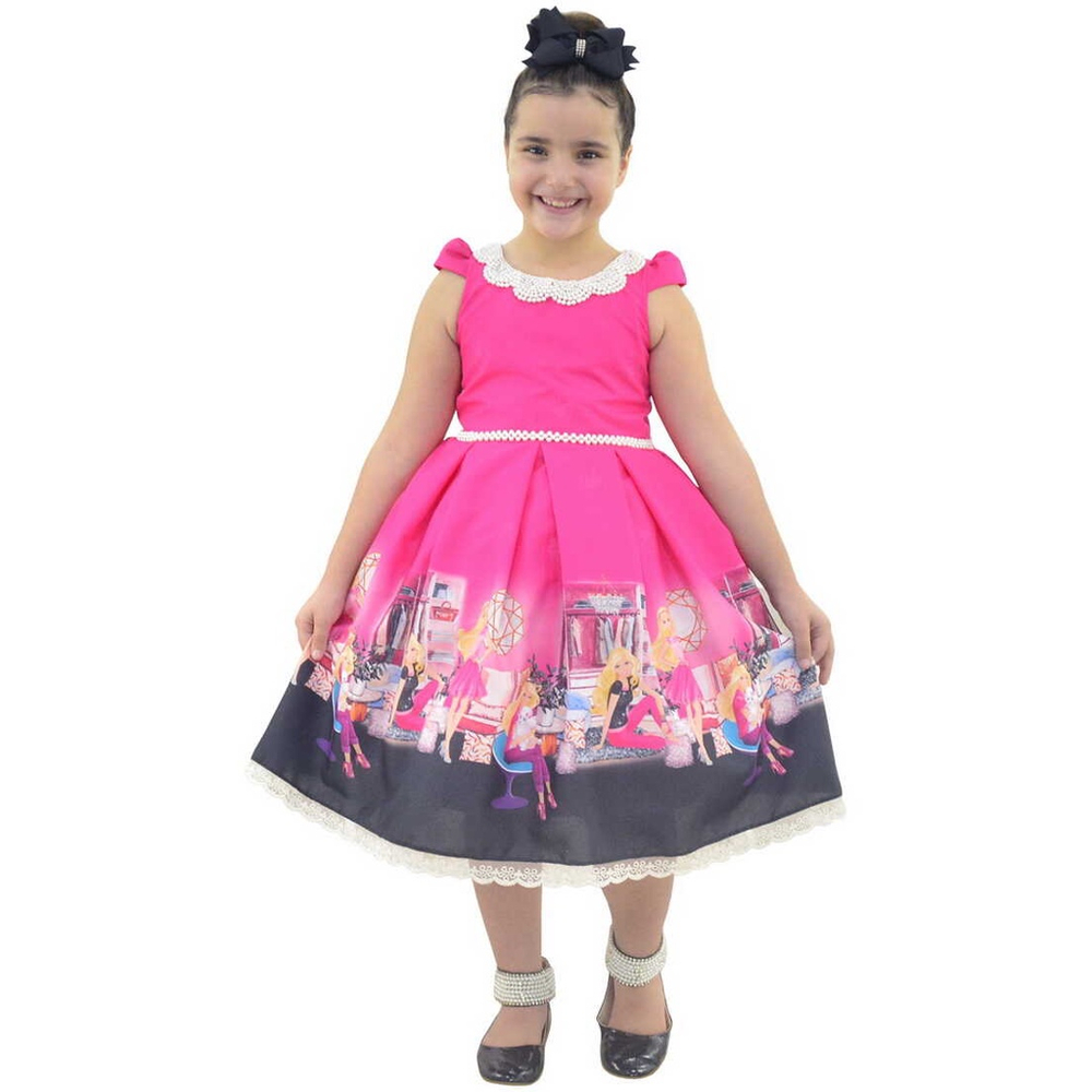 Vestido Infantil Barbie Rosa Luxuoso