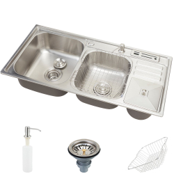 Cuba para cozinha pia dupla em aço inox com acessórios e lixeira Nukini pingoo.casa Menor preço em Cuba para cozinha pia dupla em aço inox com acessórios e lixeira Nukini pingoo.casa