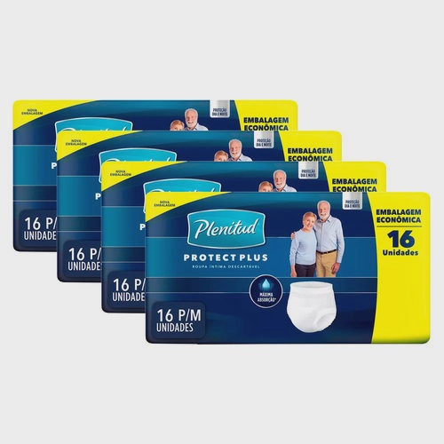 Kit 4 fraldas geriatrica plenitud plus p/m 16 = 64 un Menor preço em Kit 4 fraldas geriatrica plenitud plus p/m 16 = 64 un