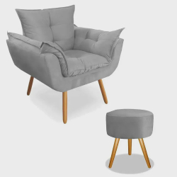 Kit Poltrona Opala com Puff Redondo Pés Palito Decoração Recepção Suede Cinza Menor preço em Kit Poltrona Opala com Puff Redondo Pés Palito Decoração Recepção Suede Cinza