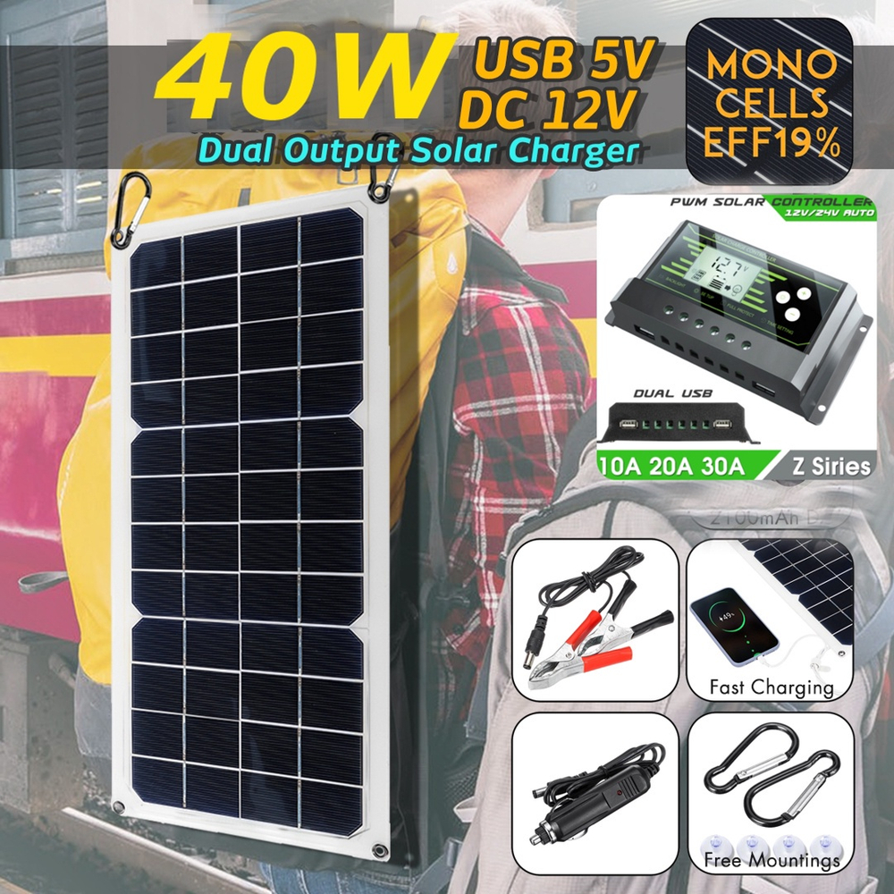 40W 12V Painel Solar Kit Carregador Dual 5V USB Células Monocristalinas Placa solar Bateria Carregador de energia com 10/20 / 30A 12V / Controlador Solar para rv Boat Car