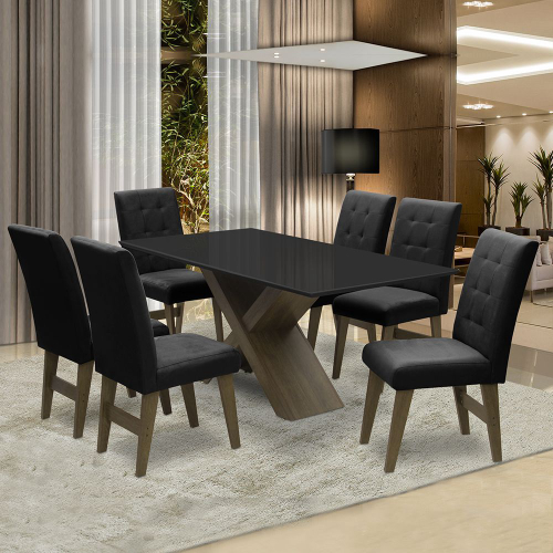 Conjunto Mesa de Jantar Tampo Vidro e MDF 1,60m e 6 Cadeiras Tiê CabeCasa  MadeiraMadeira