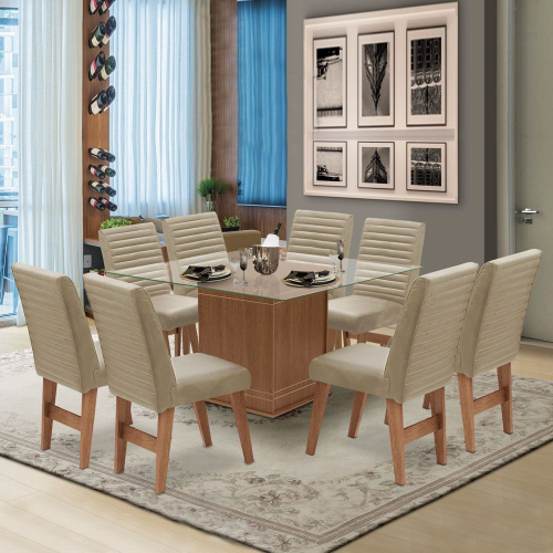 Conjunto Mesa de Jantar Epic Com 8 Cadeiras Vita Nature/Off White/Marrom -  Henn