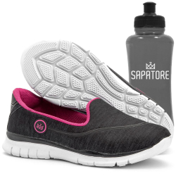 Kit Tênis Caminhada Feminino Sapatilhas Sapatore Preto + Squeeze Menor preço em Kit Tênis Caminhada Feminino Sapatilhas Sapatore Preto + Squeeze