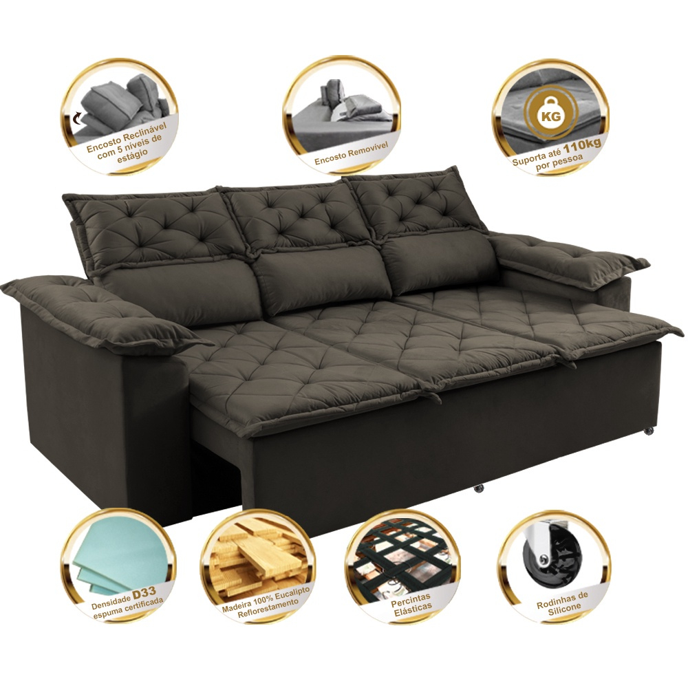 Sofá 3 Lugares Retrátil e Reclinável Velusoft Compact 2,00m - Cama inBox