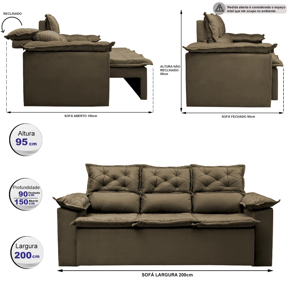 Sofá 3 Lugares Retrátil e Reclinável Cama Inbox Compact 200m Velusoft Castor