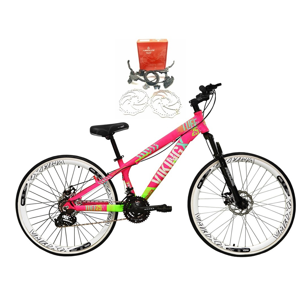 Bicicleta Aro Vikingx Tuff Rosa Com Verde X V Freio A Disco Hidr Ulico Alum Nio Freeride