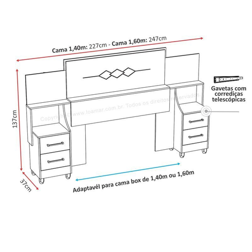 Cabeceira para cama box casal/queen/king síria rv 1.40M/1.60M/1.95