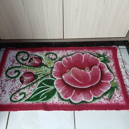 Jogo Tapete Cozinha 3 Peças Pintado À Mão 1,60Mt Flores Rosa