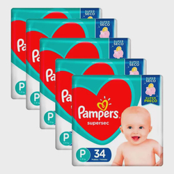 Kit 5 fraldas pampers supersec P/34 = 170un Menor preço em Kit 5 fraldas pampers supersec P/34 = 170un