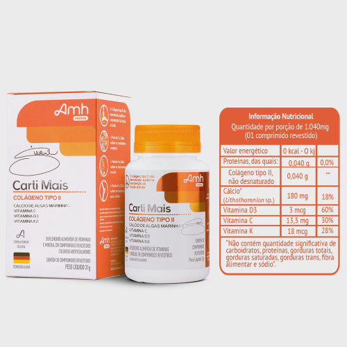 Carti Mais Colágeno Tipo 2 + Cálcio + Vitaminas Da Amh Farma