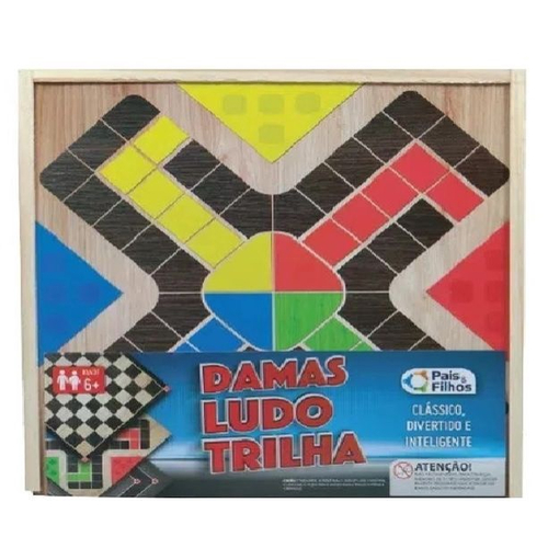 Jogo Educativo Tabuleiro Madeira 4x1 - Xadrez, Ludo, Dama e Trilha