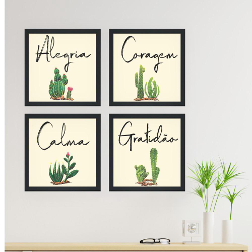 Quadro Decorativo Cactos Xícaras MDF Preto Fosco em Promoção na