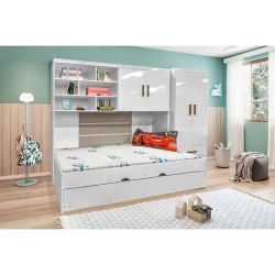 Quarto Modulado Marisa com Roupeiro 2 portas, Módulo Aéreo e Cama com Auxiliar Branco - Phoenix Baby Menor preço em Quarto Modulado Marisa com Roupeiro 2 portas, Módulo Aéreo e Cama com Auxiliar Branco - Phoenix Baby