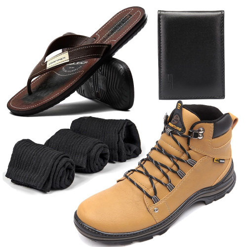 Kit com Bota Adventure + Chinelo + Carteira e Cinto