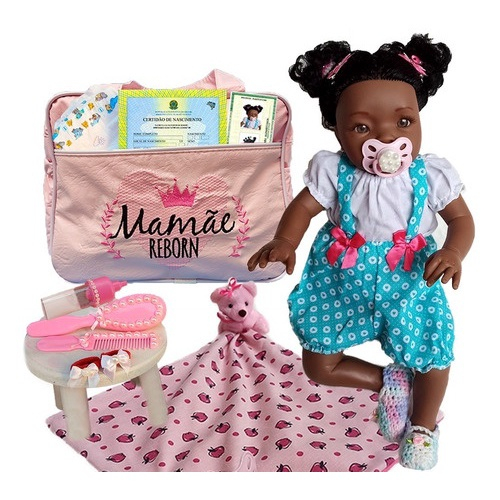 Boneca Com Acessórios Bebê Reborn Silicone Negra Baby - ShopJJ