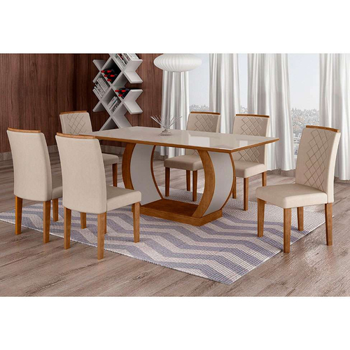 Conjunto de Mesa de Jantar com 6 Cadeiras Estofadas Maia I Veludo Off White  e Creme na Americanas Empresas