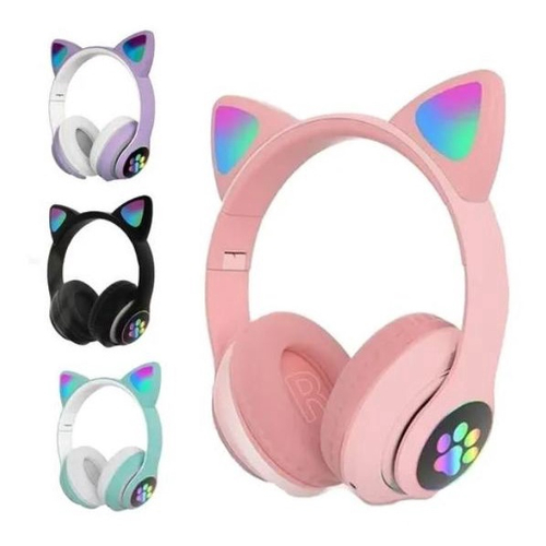 Fone Bluetooth de Gatinho Rosa Claro com Iluminação LED