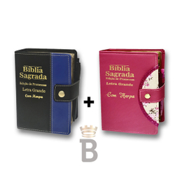 Menor preço em Kit 2 Bíblias Letra Grande Botão - Pink e Preto/Azul e Harpa