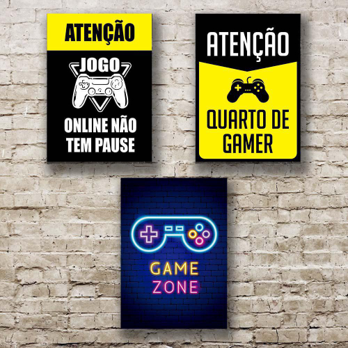 Placa decorativa atenção jogo online não tem pause com fita dupla face