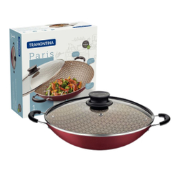 Panela Wok Tramontina Paris Alumínio Antiaderente Vermelho com Tampa de Vidro 32 cm 4,4 L Menor preço em Panela Wok Tramontina Paris Alumínio Antiaderente Vermelho com Tampa de Vidro 32 cm 4,4 L