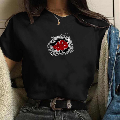 Camiseta Blusa feminina simbolo da nuvem naruto preto de algodao