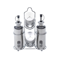 Kit Galheteiro 4pçs em vidro e 1suporte em aço inox compacto Menor preço em Kit Galheteiro 4pçs em vidro e 1suporte em aço inox compacto