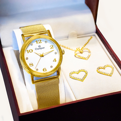 Relógio Champion Feminino Dourado Pulseira Mesh + Colar e Brincos CN29034W Menor preço em Relógio Champion Feminino Dourado Pulseira Mesh + Colar e Brincos CN29034W