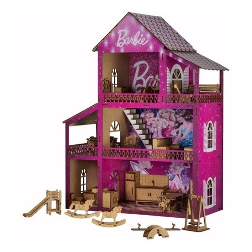 Casinha De Boneca Barbie Mdf Pintada Adesivada + 43 Móveis cru - A