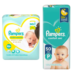 Menor preço em Kit fralda pampers premium care rn + E confortsec mega P - 140 un